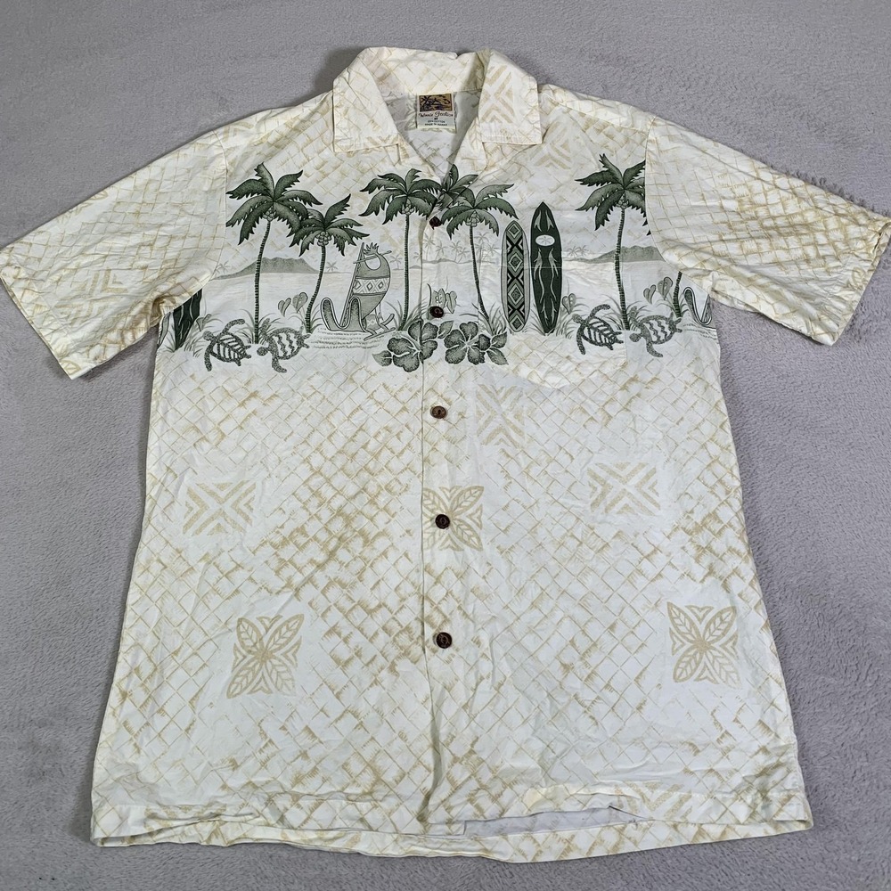 Winnie Fashion Shirt Mens Medium Beige Hawaiian Surf Turtle Short Sleeve Cotton